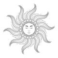 Sun with human face on white background, vintage mystic symbol art. Vector illustration