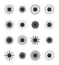 Sun icon. Circles with sunlights. Silhouettes for sunrise or sunset. Set of black logos for art, cartoon and meteorology. Symbol