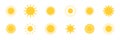 Sun icon set. Summer sunny shape. Star symbol. Sunbeam silhouette. Temperature logo. Sunlight symbol. Sunrise light