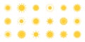 Sun icon set. Summer sunny shape. Sunbeam silhouette. Sunlight symbol. Star symbol. Sunrise light. Temperature logo