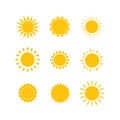 Sun icon set. Yellow sun icons collection. Summer, sunlight sky. Vector illustration isolated on white background Royalty Free Stock Photo