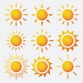 Sun icon set. Yellow sun star icons collection. Yellow suns circles. Trendy summer symbol. Vector illustration Royalty Free Stock Photo