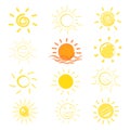 sun icons hand drawn collection isolated on white background. summer time concept. vector illustration Royalty Free Stock Photo