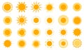 Sun icons. Modern simple seasons signs, summer emblems, sunshine silhouette with different rays style, heat weather Royalty Free Stock Photo