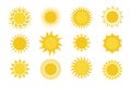 Sun icons. Round simple graphic element collection, summer sun yellow weather symbols for print and logo. Graphic circle