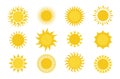 Sun icons. Round simple graphic element collection, summer sun yellow weather symbols for print and logo. Graphic circle sunshine