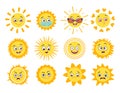 Sun icons set with different emotions, mask and goggles Royalty Free Stock Photo