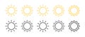 Sun icons set. Linear sun icons. Sun stars. Sunlight signs. Vector illustration