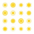Sun icons. Simple solar labels, different shapes sunburst, decorative weather elements, yellow sunshine signs, rays