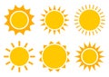 Sun icons, summer set. Yellow and orange colors, different shapes. Vector Royalty Free Stock Photo