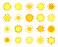 Sun icons. Sunshine, hot summer and sunrise symbols, gold sunlight circles, solar and sunny weather signs vector set Royalty Free Stock Photo