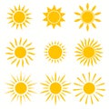 Sun icons. Sunshine, hot summer and sunrise symbols, gold sunlight circles, solar and sunny weather signs vector set Royalty Free Stock Photo