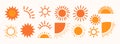 Sun illustration collection in hand drawn cartoon flat style. Yellow sun star icons collection. Summer, sunlight nature vector Royalty Free Stock Photo