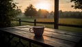 Sun kissed coffee cup on wooden bench in rustic meadow generated by AI