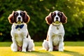 Two fluffy floppy eared spaniels sitting side by side on a sunny hill generated by ai