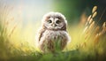 In Sun-kissed Meadow: Capturing the Innocence of a Beautiful Baby Owl in Summer Grass. Generative AI Royalty Free Stock Photo