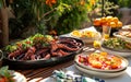 Sun-kissed Mediterranean feast featuring grilled octopus garnished with parsley, served with a colorful array of sides.