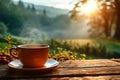 Sun kissed morning Coffee cup on wood, natures awakening backdrop