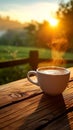 Sun kissed morning Coffee cup on wood, natures awakening backdrop