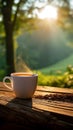 Sun kissed morning Coffee cup on wood, natures awakening backdrop