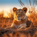 Sun-Kissed Queen: Lioness Resting on a Sunny Day. Generative AI