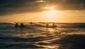 Sun kissed surfers ride waves at dawn, enjoying summer vacations generated by AI