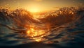 Sun kissed surfers ride waves at dusk, a liquid adventure generated by AI