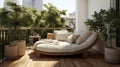 Sun-Kissed Urban Balcony Nook with Circular Daybed and Lush Potted Plants
