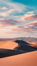 Sun-kissed waves of sand dunes undulate across the desert as the sun sets, painting the sky in soft pastel hues.