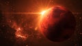 Sun Lens Flare Light Over Mars Planet On Red Shiny Starry Outer Space With Nebula Cloud Royalty Free Stock Photo