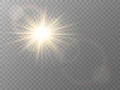 Sun light effect. Lens flare and beams. Glare and flash isolated on transparent backdrop. Light rings and highlights Royalty Free Stock Photo