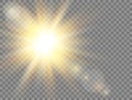 Sun light. Golden glowing light effect on transparent background. Sunshine with rays. Sunlight lens flash. Magic banner Royalty Free Stock Photo