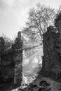 Sun light over ruins of ancient catholic church in Italy - black and white photo Royalty Free Stock Photo