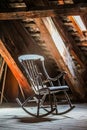 Sun light shines through window on a rocking chair in the attic room