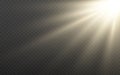 Sun light on transparent backdrop. Sunlight effect with glowing rays. Bright yellow beams and lens flare. Sunshine Royalty Free Stock Photo