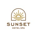 Sun logo, sunset sunrise with beach ocean sea water logo icon vector in trendy line linear, abstract outline logo vector for hotel Royalty Free Stock Photo