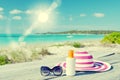 Sun lotion, sunglasses and hat Royalty Free Stock Photo