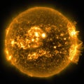 The sun with lots of yellow solar flares. Generative AI