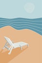 Sun lounger on the beach, abstract background seascape, waves, sun, sand, vacation for banner, poster, card