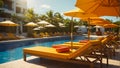 sun lounger with umbrella by the pool, paradise