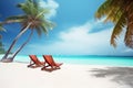 Sun loungers on the beach, summer vacation background.