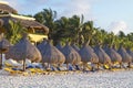 Sun loungers and parasols on a tropical beach