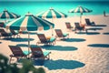 Sun loungers and striped umbrellas on a white sand beach on the ocean coast