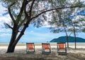 Sun loungers under tree on the deserted beach