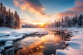 Sun Setting Over Frozen River Royalty Free Stock Photo
