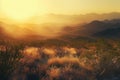 The sun majestically sets over the rugged desert mountains, casting a warm golden glow on the desert landscape, A blend of cool Royalty Free Stock Photo