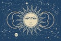 Sun and moon, astrology and horoscope background, eclipse, vintage crescent, tarot mystical symbols