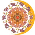 Sun and moon. Beautiful picture with flower - mandala, cute cartoon elephants and dancing monkeys.