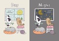 Cute Day and Night, Sun and Moon, with 3 Cats Vector Illustration