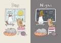 Cute Day and Night, Sun and Moon, with 3 Cats Vector Illustration